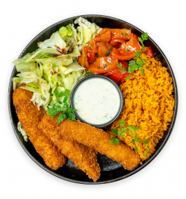 Burrito bowl with cod, grilled pepper salad, and sour cream sauce